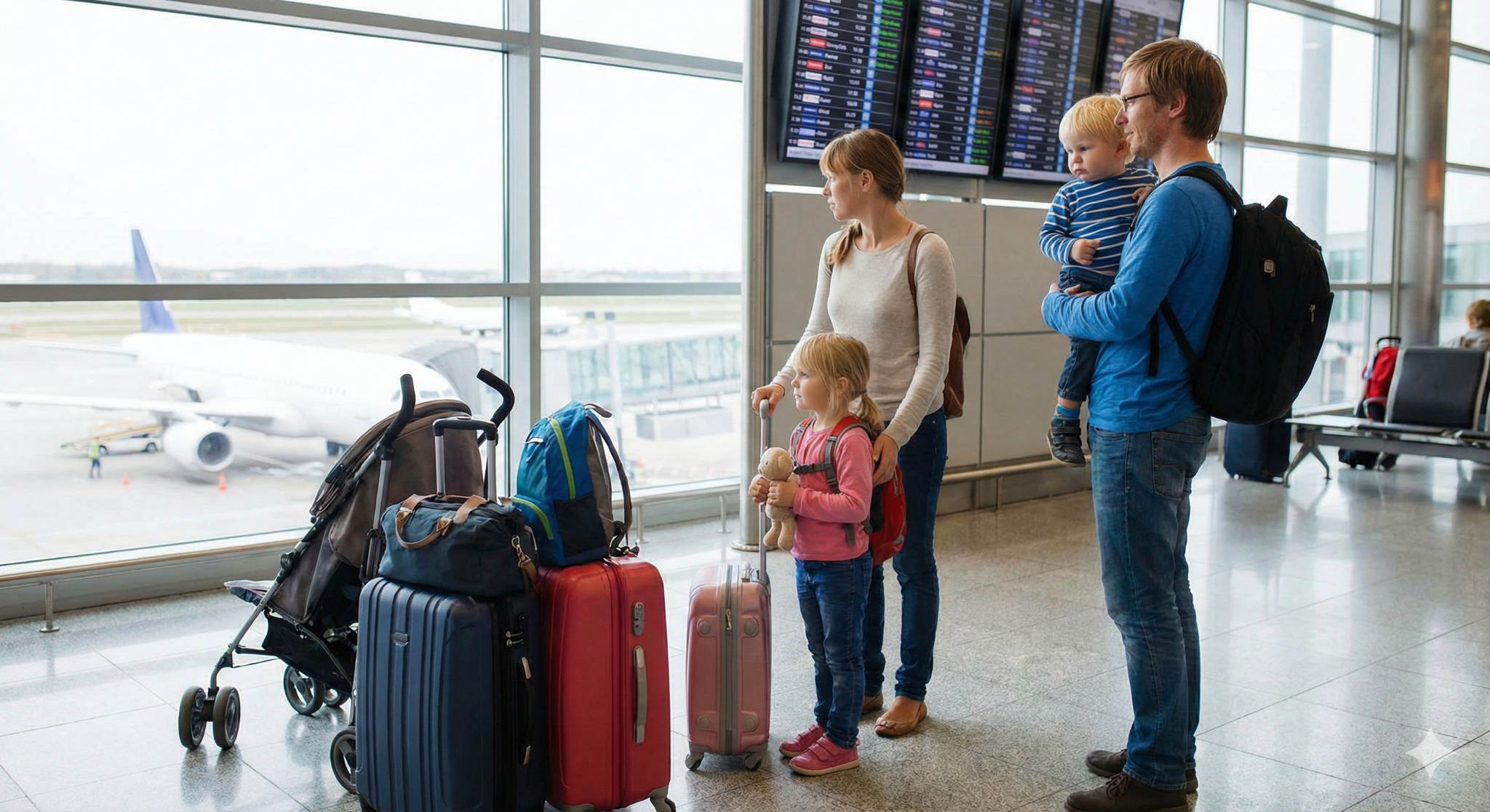 Family navigating airport terminal with children and luggage