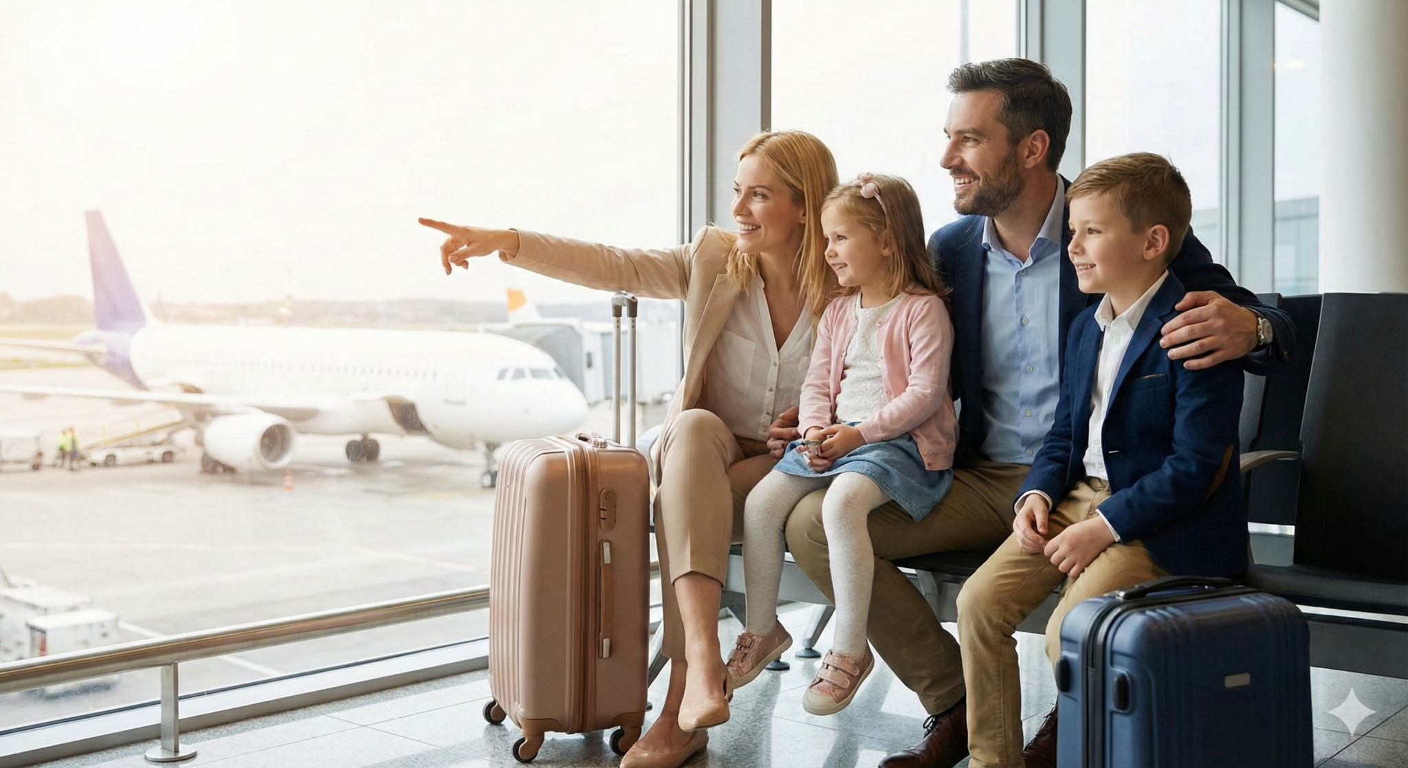 Family at airport gate watching planes together