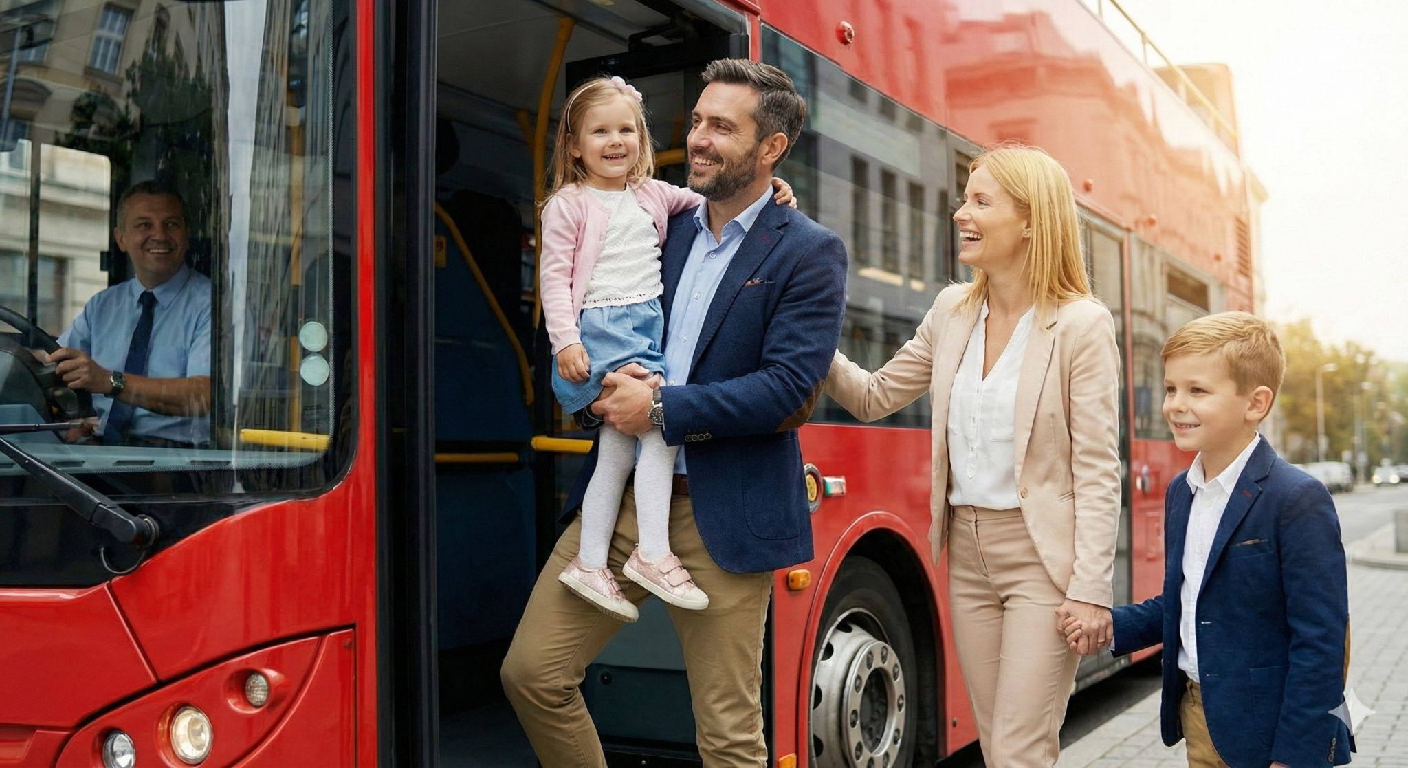 Family boarding city bus with young children