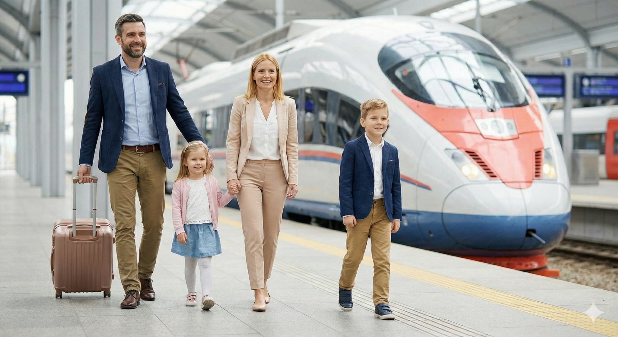 Family walking along train platform with luggage